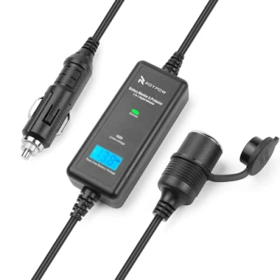 Afbeelding van RoyPow All in 1 voertuigaccu, VM10, 12 volt, 10 ampère, 120 watt, met monitor, batterijbescherming, verlengkabel en sigarettenaansteker