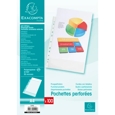 Afbeelding van Exacompta Ref. 5100E Zakje van 100 geperforeerde showtassen in gestructureerd polypropyleen Dikte 5/100e Universele perforatie 11 gaten A4 formaat Kleurloos