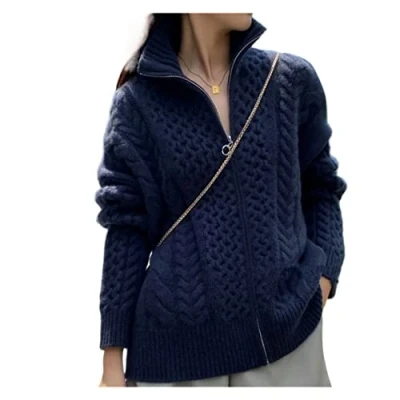 Afbeelding van VATIVA Vrouw 100% kasjmier losse dunne rits trui dikke hoge hals gebreid vest (kleur: blauw, maat: M)