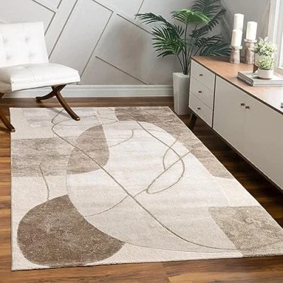 Afbeelding van Vloerkleed Woonkamer Laagpolig Patroon Bloemen Regenboog Geometrisch, Maat:80x150 cm, Kleur:Beige
