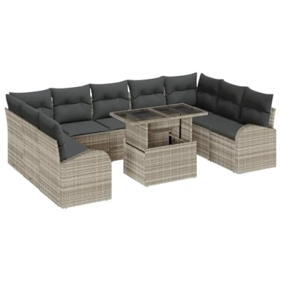Afbeelding van vidaXL 10 delige Tuin Sofa Set met Kussens Lichtgrijs Poly Rattan, 2 Zits Opslag &amp; Rattan