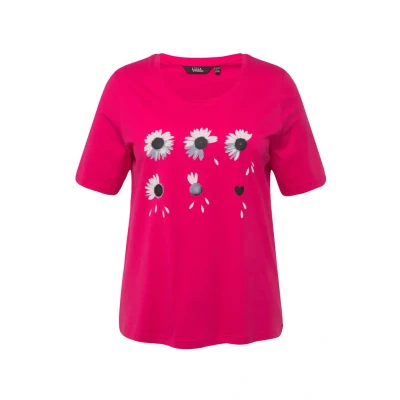 Afbeelding van Ulla Popken À Fleurs Coupe Classic FIT COL ROND ET Manches Courtes Tshirt print, Dames, Maat: 42/44, Rose vif magenta