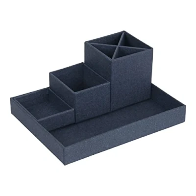 Afbeelding van Bureau organizer voor pennen, paperclips, plaknotities enz. sorteerdoos met 4 vakken opbergsysteem van vezelplaat en papier in linnenlook blauw