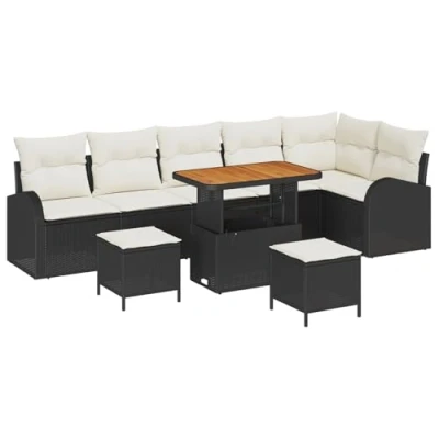 Afbeelding van vidaXL 9 delige Tuin Sofa Set met Kussens Zwart Poly Rattan Acacia, 2 zits Opslag &amp; Rattan, 3 Eet Acacia