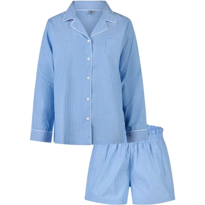 Afbeelding van By Louise Dames Pyjama Set Short + Blouse Gestreept Blauw Maat M