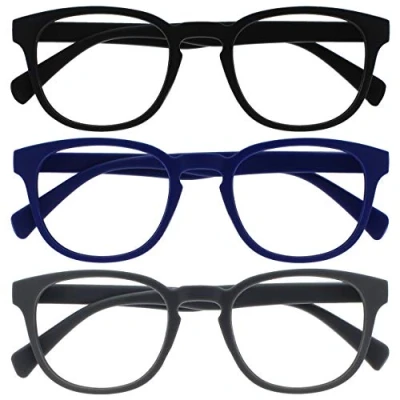 Afbeelding van Opulize Pop 3 Stuks Retro Ronde Glad Mat Zwart Blauw Grijs Mannen Vrouwen Leesbril Scharnieren Met Veer RRR2 137 +2,50