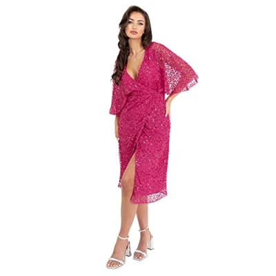 Afbeelding van Maya Deluxe Midi jurk voor dames, pailletten, versierd met cape mouwen, wikkeljurk bruiloft, gast, bruidsmeisje, cocktail, balavond, Fuchsia, 54