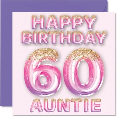Afbeelding van 60e verjaardagskaart voor tante roze en paarse glitterballonnen gelukkige verjaardagskaarten 60 jarige van neef nichtje, 145 mm x cadeau