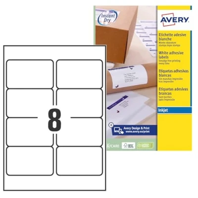 Afbeelding van AVERY Zweckform Sneldrogende adreslabels voor inkjetprinters 8 per vel 99,1 x 67,7 mm 200 etiketten wit