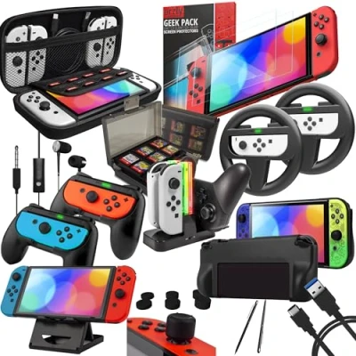 Afbeelding van Switch Accessories Bundle Orzly Geek Pack Geschikt voor Nintendo Switch: Case &amp; Screen Protector, Joycon Grips Racing Wheels, Controller Charge Dock, Comfort Grip meer JetBlack
