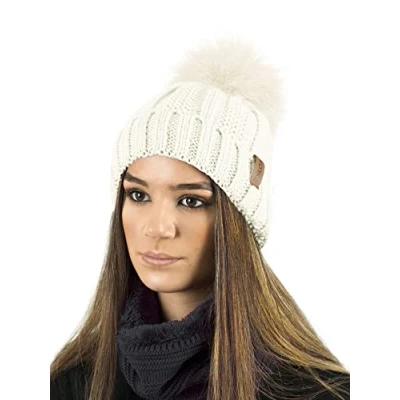 Afbeelding van TOSKATOK Dames Winter Rib Seed Stitch Beanie Bobble Hoed met Warme Gezellige Fleece Voering &amp; Grote Faux Bont Pom Pom, CREAM HOED, One size