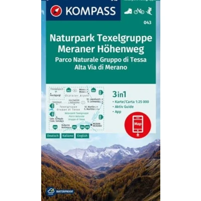 Afbeelding van Carta escursionistica Kom 043. Parco Naturale Gruppo di Tessa, Alta Via Merano: 3in1 Wanderkarte, mit Aktiv Guide inklusive Karte zur offline ... in der KOMPASS App. Fahrradfahren. Skitouren.