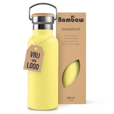 Afbeelding van Bambaw® 500ml RVS Thermosfles Isoleerfles, Dubbelwandig, Milieuvriendelijk, Lekvrijen, loodvrij en Plasticvrij Geïsoleerde Fles met Bamboe Deksel voor Warme Koude Dranken Ideaal Reizen, Werk, Yoga, Wandelen Dagelijks Gebruik geel