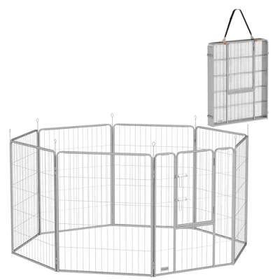 Afbeelding van PawHut Puppyren Hondenren met riem en deur, 100 cm hoog, 8 delig, voor kleine tot grote honden, cavia&#039;s, konijnen, staal, zilver