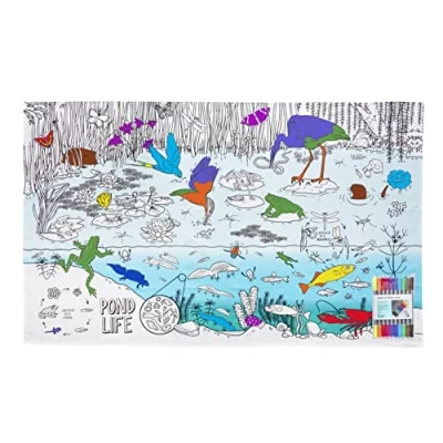 Afbeelding van Eatsleepdoodle Herbruikbare Kleurbare Natuur Tafelkleed, Ontdek Kikkers, Vissen, Dieren en Omgeving, Educatieve Wildleven Leeractiviteit voor Kinderen, Inclusief Uitwasbare Viltstiften (130x85CM)