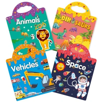 Afbeelding van GUYUCOM 4 Pack Herbruikbare Sticker Boeken, Speelgoed voor Leeftijd 2 3 Jaar Oude Kids Jongens Meisjes Peuters, 3D Clear Animal Space Voertuigen Dinosaurus Boek Educatief Leren