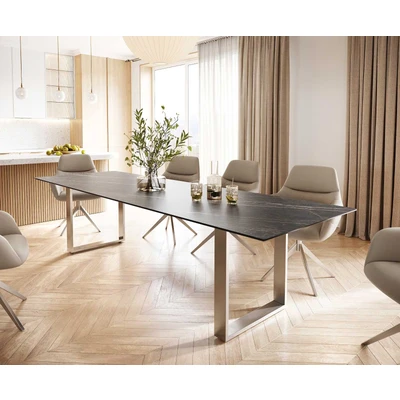 Afbeelding van DELIFE Eettafel Edge 300x100 keramiek Laminam® Noir Desir bruin roestvrij staal smal