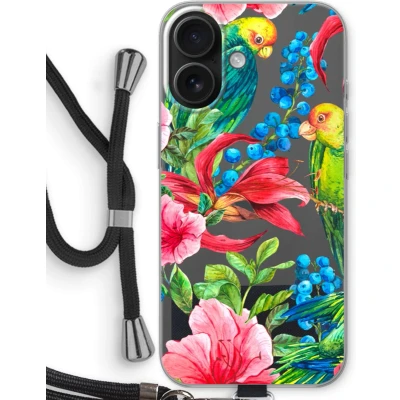 Afbeelding van Case Company® hoesje met Koord geschikt voor iPhone 16 Papegaaien Telefoonhoesje Zwart Bescherming aan alle Kanten en Over de Schermrand