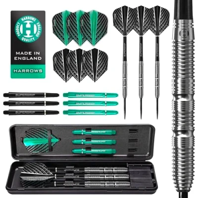 Afbeelding van Harrows NX Elite 90% Tungsten Steel Tip Darts Set 21 g tot 26 alle gewichten beschikbaar Enorme 17 delige bundel met Supergrip shafts, Quantum flights &amp; reisetui (21g)
