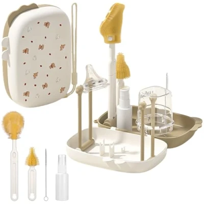 Afbeelding van 7 in 1 flessenborstel voor baby&#039;s, complete babyflesborstel met siliconen borstel, tepelborstel, stroborstel, droogstandaard en zeepdispenser, flessenreiniger, borstelset, ideaal reizen thuis