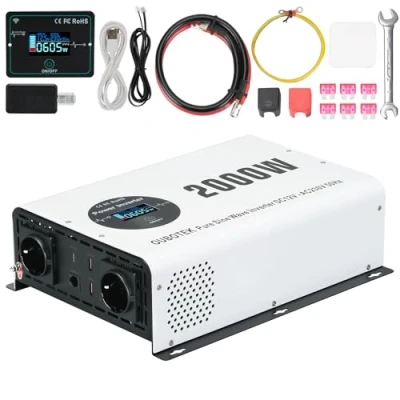 Afbeelding van OUBOTEK Omvormer, 2000 W/4000 W, zuivere sinus, DC 12 V naar AC 230 V, met draadloze afstandsbediening, lcd display, 2 stopcontacten, USB A en 1 type C, spanningsomvormer voor camper, thuis,