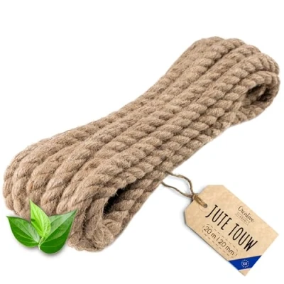 Afbeelding van Creatief Deco Jute Touw 20m Lengte 20mm Dikte Sterk en Duurzaam Gedraaid Natuurvezeltouw Bruin Decoratief Voor Toepassingen: Balustrades, tuin thuisprojecten