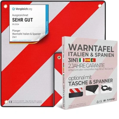 Afbeelding van PLANGER® waarschuwingsbord Italië en Spanje 2 in 1 (50 x 50 cm) reflecterend rood wit voor bagagedrager fietsendrager