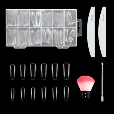 Afbeelding van SYEYCW 120 stuks 12 maten volledige dekking lange valse nagels voor doodskist, 2 nagelvijlen met nagelborstel, nagelriemduwer, kunstacryl heldere nageltips set, kunstnagels press on nagels,