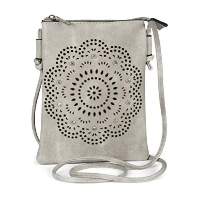 Afbeelding van styleBREAKER Dames Mini Tas Schoudertas met bloemen Lasercut uitgesneden motief en strass steentjes, Schoudertas, Handtas 02012367, Kleur:Lichtgrijs
