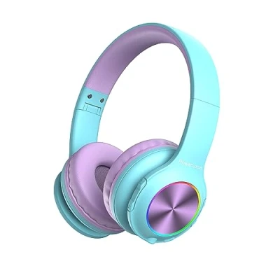 Afbeelding van PowerLocus Bluetooth hoofdtelefoon voor kinderen, draadloos, met ledverlichting, 74/85/94 dB, volumeregeling, opvouwbaar, HD stereo, SD microfoon, geïntegreerde microfoon school, laptop, telefoon
