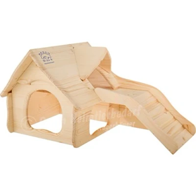 Afbeelding van Resch Nr28 knaagdiervilla natuurlijk massief hout van sparrenhout, met brede trap naar de bovenste etage, 3 ingangen, in uniek softline design