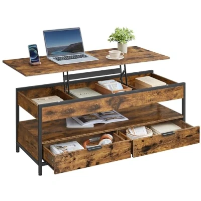 Afbeelding van VASAGLE salontafel, in hoogte verstelbare, salontafel met lades, open vak, 50 x 120 cm, vintage bruin en inktzwart LCT252K01