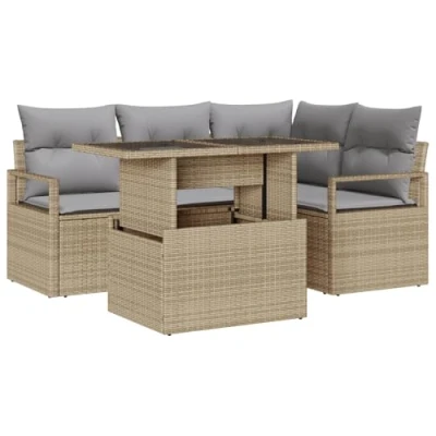 Afbeelding van vidaXL 5 delige Tuin Sofa Set met Kussens Beige Poly Rattan