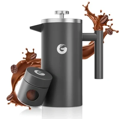 Afbeelding van cafetière, Franse koffie en theemaker, inhoud 1 liter, dubbelwandige koffiepers van roestvrij staal uitgevoerd in zwart; houdt langer warm. Met gratis bijpassend minikoffieblik matgrijs