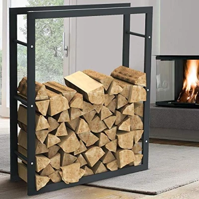 Afbeelding van Bakaji Verticale houten standaard, rechthoekig, van metaal, voor binnen en buiten, hout, tuin, open haard, oven, modern design (100 x 25 80 cm)