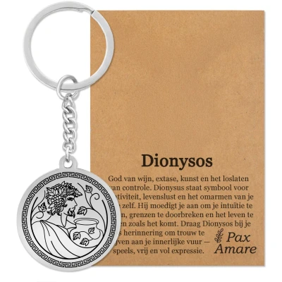Afbeelding van Griekse God Dionysos Sleutelhanger op Cadeau Kaartje Zilverkleurige Mythologie Talisman Roestvrij Staal Olympus Pax Amare