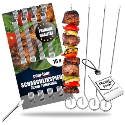 Afbeelding van com four® 16x shish kebabspiesjes 22 cm van roestvrij staal lange vleesspiesjes premium grillspiesjes, groentespiesjes in een set voor BBQ, grill, vlees, kebab groenten (22cm 16 stuks)