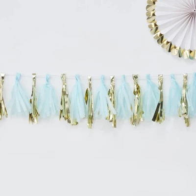 Afbeelding van Babyshower decoratie Ginger Ray Oh Baby! Tassel slinger Blauw/Goud 2 meter