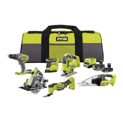 Afbeelding van RYOBI 18 V ONE+ 10 delige accu combokit RCK186O 242SZL (slagboorschroevendraaier, decoupeerzaag, cirkelzaag, multitool, delta slijper, handstofzuiger, 4,0 Ah &amp; 2,0 accu, oplader in gereedschapstas)