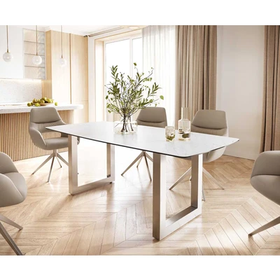 Afbeelding van Eettafel Edge Bootsform keramiek Laminam® Statuarietto wit 200x100 roestvrij staal breed