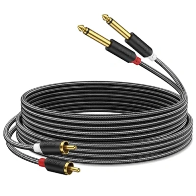 Afbeelding van J&amp;D Dual 1/4 inch TS naar RCA Verbindingskabel, Vergulde Audiowave Series 2 x 6,35 mm Mannelijk Stereo Audio Adapter met PVC Behuizing en Nylon Braid (1,8 Meter)