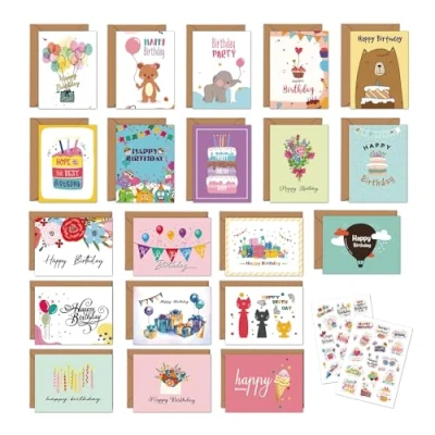 Afbeelding van Huifengjie Verjaardagskaarten, set van 20 premium verjaardagskaarten met envelop, Happy Birthday kaart, verjaardag, vouwkaarten, wenskaart, verjaardagskaart voor kinderen (klein)