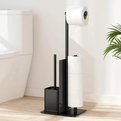 Afbeelding van Staande toiletpapierhouder met wc borstel, roestvrijstalen set rolhouder en zonder boren, toiletborstel toiletrolhouder glazen plank (zwart)