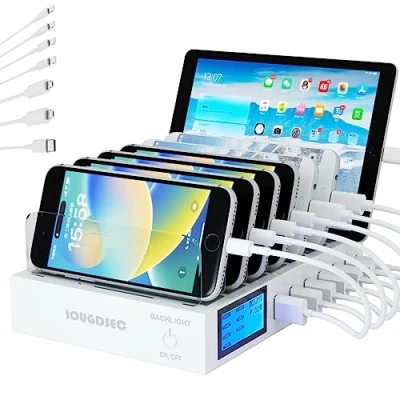Afbeelding van Snel oplaadstation PD20W QC3.0 Multi USB poorten, 7 in 1 laadstation voor meerdere apparaten met LCD scherm, compatibel iPhone, iPad, Samsung, Huawei en meer