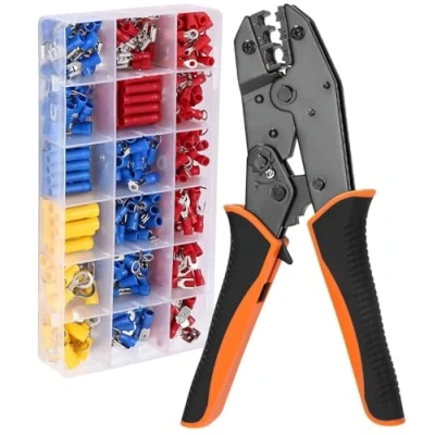 Afbeelding van krimptang voor 0,5 6 mm², kabelschoenenset met 400 stuks kabelschoenen, tang, huishoudelijke apparaten, verbinding, voertuigschakeling, onderhoud, oranje zwart
