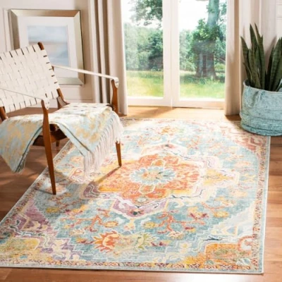 Afbeelding van SAFAVIEH Crystal Collection CRS501K tapijt, Boho Chic, Oosters medaillon, gebruikte look, pluisvrij, voor woonkamer, slaapkamer, 122 x 182 cm, oranje/blauwgroen