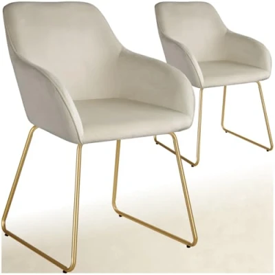 Afbeelding van tectake® Eetkamerstoel Jeane Set van 2 Eetkamerstoelen met doorlopende rugleuning en armleuning Kuipstoelen fluwelen bekleding Stijlvolle keukenstoelen voor eetkamer of woonkamer Slipvrije vloerbeschermende voetjes Crème/goud