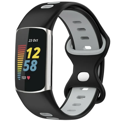 Afbeelding van Siliconen sport bandje voor de Fitbit Charge 5 / 6 Zwart Grijs iMoshion En TPU (zacht)