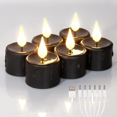 Afbeelding van FREEPOWER Led theelichtjes, 6 stuks, met timer (6 uur), flikkerend, warm wit licht, elektrische oplaadbare kaarsen USB kabel, Halloween, Kerstmis, familiedecoratie, diameter 4 x 5,5 cm, zwart