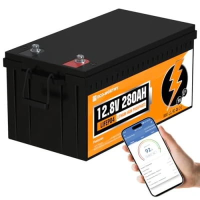 Afbeelding van ECO WORTHY LiFePO4 bluetooth lithiumbatterij, 12 V, 280 Ah, met functie en BMS bescherming, accu voor camper, caravan, boot, zonnestelsel